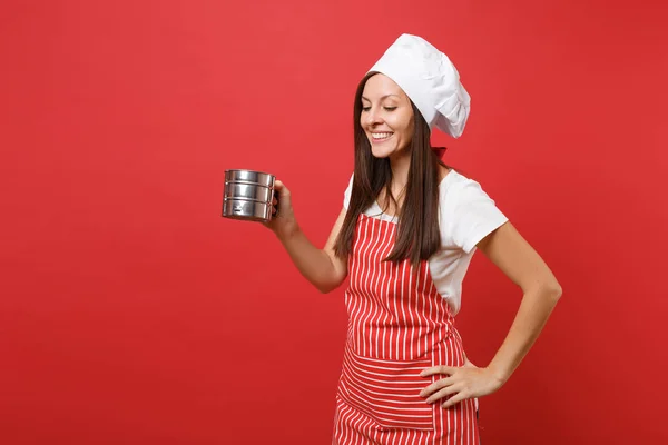 Huisvrouw Vrouwelijke Chef Kok Bakker Gestreepte Schort Wit Shirt Toque Stockafbeelding
