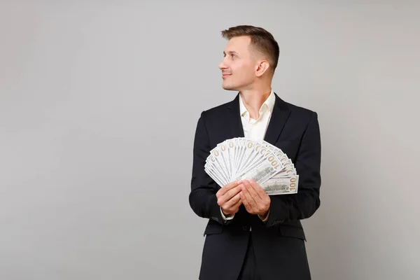 Bello Giovane Uomo Affari Vestito Nero Che Guarda Parte Con — Foto Stock