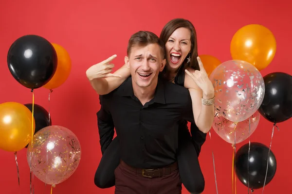 Stunning Young Couple Black Clothes Celebrating Birthday Holiday Party Isolated — Stock Photo, Image
