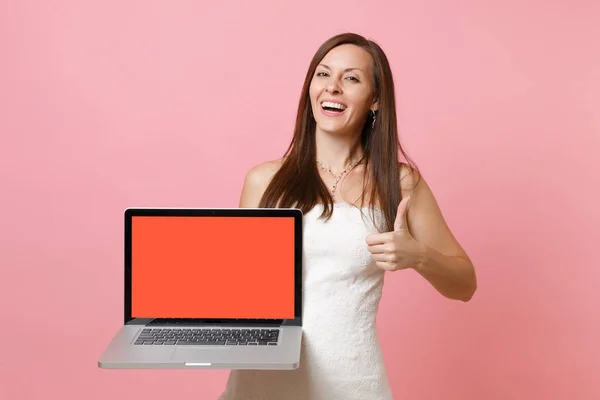 Laughing Bride Woman Wedding Dress Showing Thumb Hold Laptop Computer — Stock Photo, Image