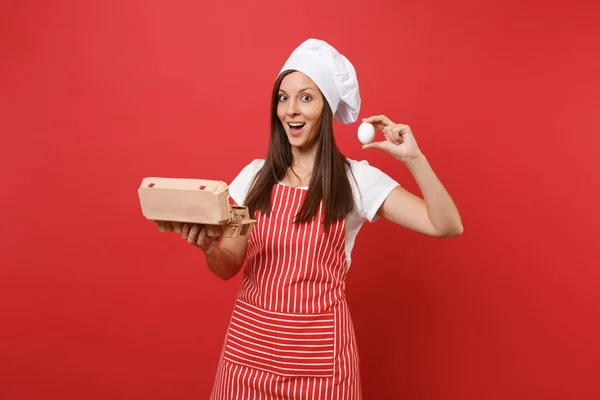 Housewife Female Chef Cook Baker Striped Apron Shirt Toque Chefs — Stock Photo, Image