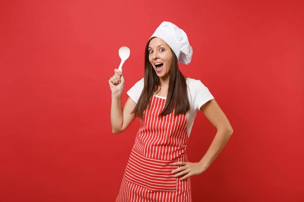 Hausfrau Köchin Oder Bäcker Gestreifter Schürze Weißem Shirt Haubenkochmütze Isoliert — Stockfoto