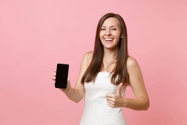 Сміється Наречена Весільній Сукні Показуючи Великий Палець Тримайте Мобільний Телефон — стокове фото