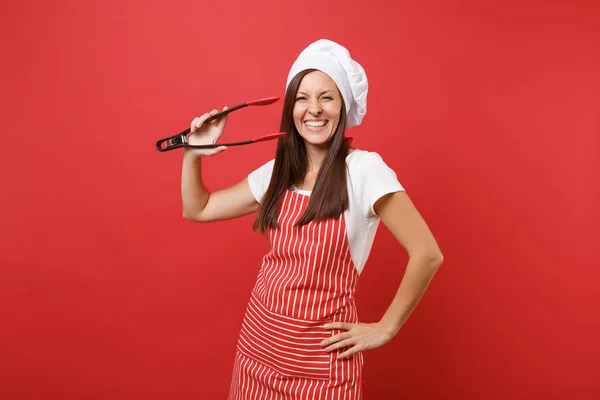 Жіночий Кухарський Кухар Або Пекар Смугастому Фартусі Біла Футболка Кухарів — стокове фото