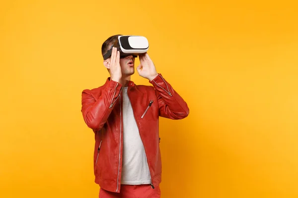 Portrait Vogue Fun Young Man Red Leather Jacket Shirt Looking — Stock Photo, Image