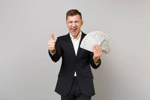 Dolblij Jonge Zakenman Schreeuwen Weergegeven Duim Omhoog Bedrijf Veel Bos — Stockfoto