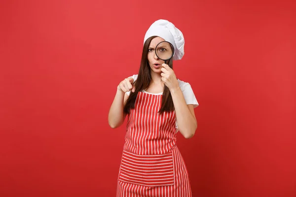 Hospodyňka Žena Kuchař Kuchař Nebo Baker Pruhované Zástěry Bílé Tričko — Stock fotografie