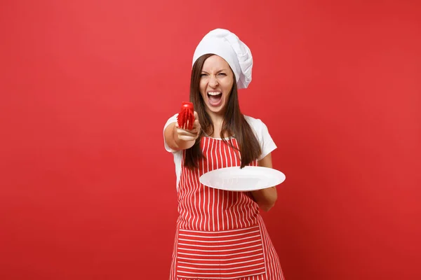 Hausfrau Köchin Oder Bäcker Gestreifter Schürze Weißem Shirt Haubenkochmütze Isoliert — Stockfoto