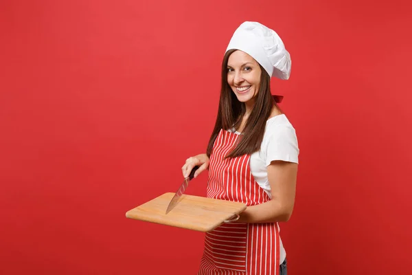 Huisvrouw Vrouwelijke Chef Kok Bakker Gestreepte Schort Wit Shirt Toque — Stockfoto