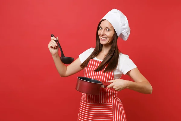 Huisvrouw Vrouwelijke Chef Kok Bakker Gestreepte Schort Witte Shirt Toque Rechtenvrije Stockfoto's