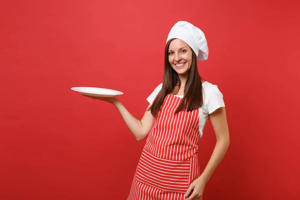 Huisvrouw Vrouwelijke Chef Kok Bakker Gestreepte Schort Witte Shirt Toque Stockfoto