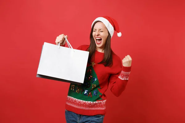 Screaming Santa Girl Closed Eyes Clenching Fist Winner Holding Packages — Stock Photo, Image