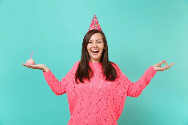 Laughing Young Woman Pink Sweater Birthday Hat Hold Hands Yoga — Stock Photo, Image