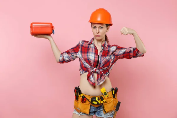 Strong Young Woman Orange Helmet Plaid Shirt Denim Shorts Kit — Stock Photo, Image