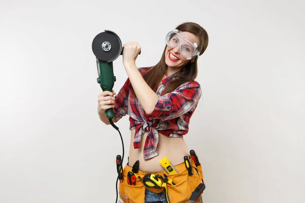 Fuerte Joven Manitas Energía Mujer Camisa Cuadros Pantalones Cortos Mezclilla —  Fotos de Stock