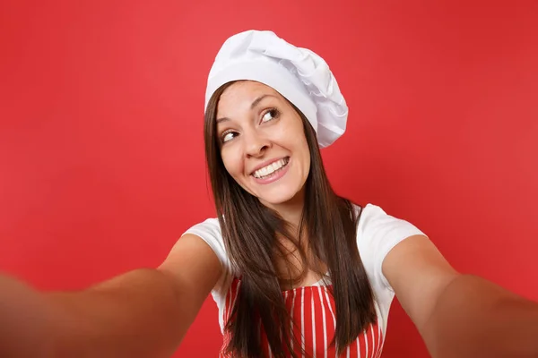 Housewife Female Chef Cook Baker Striped Apron White Shirt Toque — Stock Photo, Image