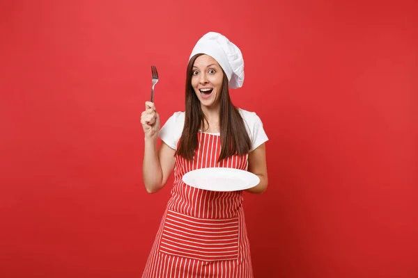 Hausfrau Köchin Oder Bäcker Gestreifter Schürze Weißem Shirt Haubenkochmütze Isoliert — Stockfoto