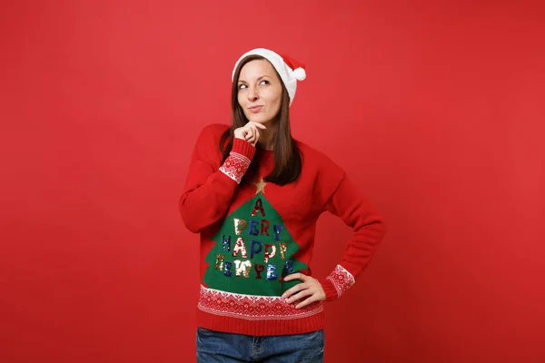 Dreamy Young Santa Girl Knitted Sweater Christmas Hat Put Hand — Stock Photo, Image