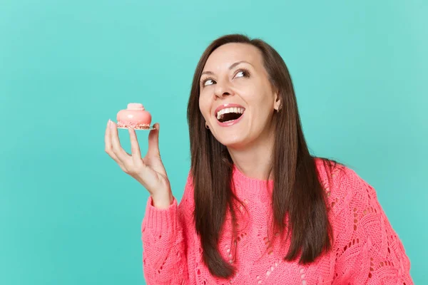 Joyful Young Woman Knitted Pink Sweater Looking Holding Hand Cake — Stock Photo, Image