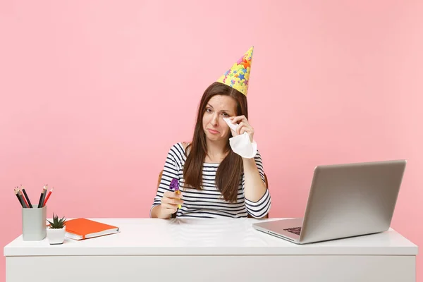 Melancholy Woman Party Hat Crying Wiping Tears Tissue Because Celebrating — Stock Photo, Image