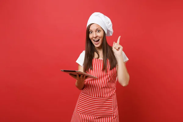 Femme Foyer Cuisinière Boulangère Tablier Rayé Shirt Blanc Toque Chefs — Photo