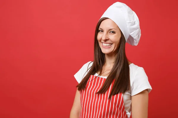 Hausfrau Köchin Oder Bäcker Rot Gestreifter Schürze Weißem Shirt Haubenkochmütze — Stockfoto