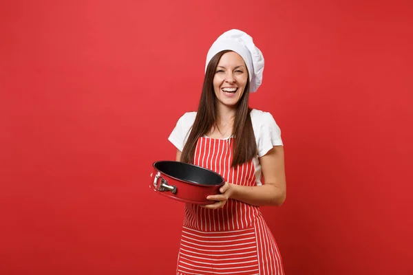 Femme Foyer Cuisinière Boulangère Tablier Rayé Shirt Blanc Toque Chefs — Photo