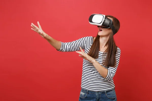 Young Girl Virtual Reality Glasses Touch Something Push Button Pointing — Stock Photo, Image