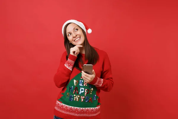 Niña Pensativa Santa Navidad Mirando Hacia Arriba Sombrero Poner Apoyo — Foto de Stock