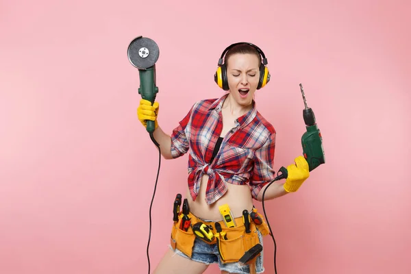 Mujer Manitas Energía Guantes Auriculares Con Aislamiento Acústico Kit Herramientas — Foto de Stock