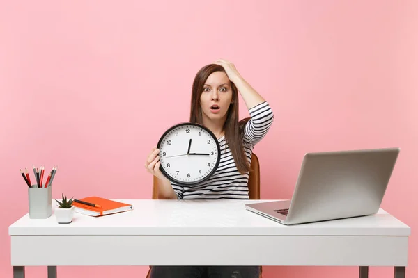Young shocked woman clinging to head hold alarm clock while sit work at office with pc laptop isolated on pastel pink background. Achievement business career concept. Copy space. Time is running out