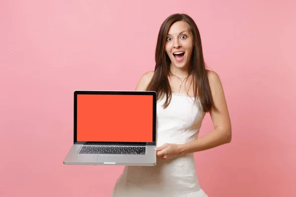 Portrait Excited Bride Woman Wedding Dress Hold Laptop Computer Blank — Stock Photo, Image