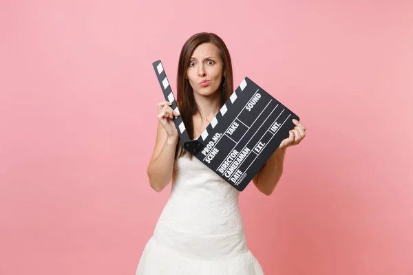 Shocked Concerned Bride Woman White Wedding Dress Holding Classic Black — Stock Photo, Image