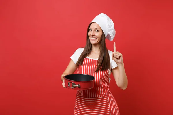 Femme Foyer Cuisinière Boulangère Tablier Rayé Shirt Blanc Toque Chefs — Photo