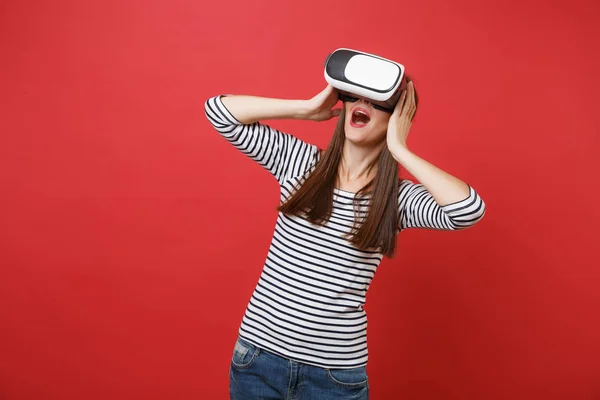 Excited Young Girl Striped Clothes Virtual Reality Glasses Keeping Mouth — Stock Photo, Image