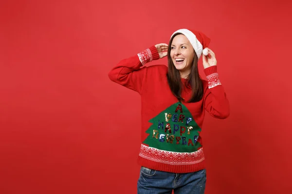 Laughing Young Santa Girl Knitted Sweater Holding Hands Christmas Hat — 스톡 사진