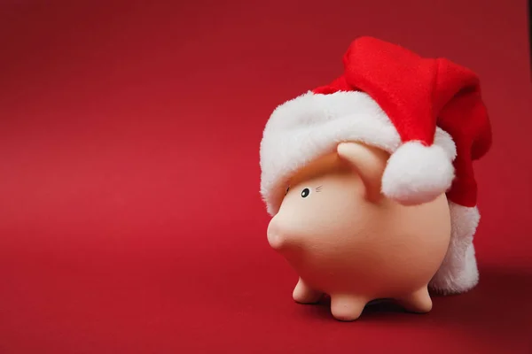 Vista Lateral Banco Dinheiro Rosa Piggy Com Chapéu Natal Isolado — Fotografia de Stock