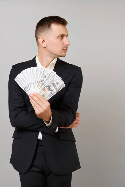 Bello Giovane Uomo Affari Vestito Nero Che Guarda Parte Con — Foto Stock