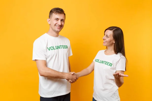 Portrait Young Colleagues Couple White Shirt Written Inscription Green Title — Stock Photo, Image