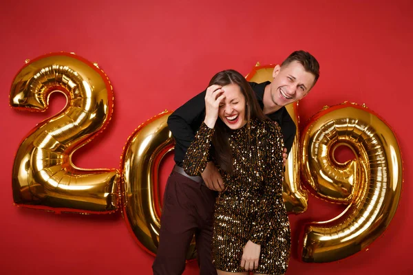 Couple Guy Girl Shiny Glitter Dress Black Shirt Celebrating Holiday — Stock Photo, Image