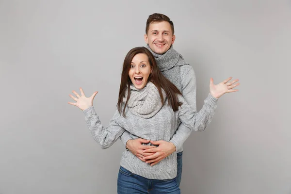 Young Cute Couple Girl Guy Gray Sweaters Scarves Together Isolated — Stock Photo, Image