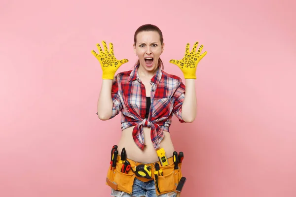 Strong Young Fun Handyman Woman Plaid Shirt Denim Shorts Yellow — Stock Photo, Image
