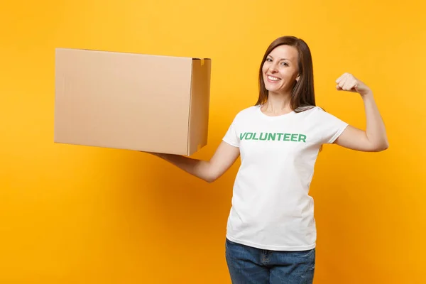 Portrait Smiling Woman White Shirt Written Inscription Green Title Volunteer — Stock Photo, Image