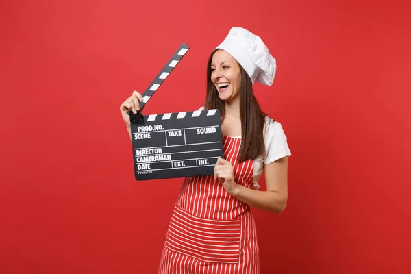 Hausfrau Köchin Oder Bäcker Gestreifter Schürze Weißem Shirt Haubenkochmütze Isoliert — Stockfoto