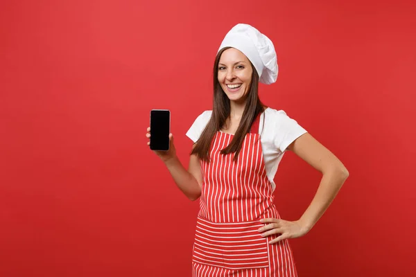 Housewife Female Chef Cook Baker Striped Apron Shirt Toque Chefs — Stock Photo, Image