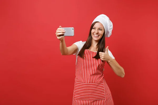 Housewife Female Chef Cook Baker Striped Apron White Shirt Toque — Stock Photo, Image