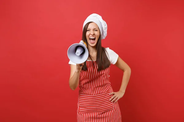 Hospodyňka Žena Kuchař Kuchař Nebo Baker Pruhovanou Zástěru Bílé Tričko — Stock fotografie