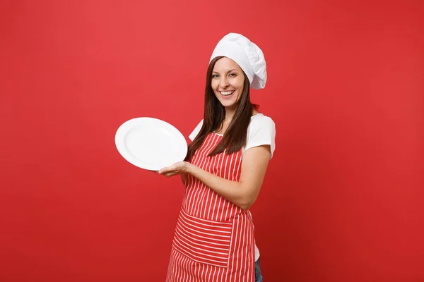 Huisvrouw Vrouwelijke Chef Kok Bakker Gestreepte Schort Witte Shirt Toque — Stockfoto