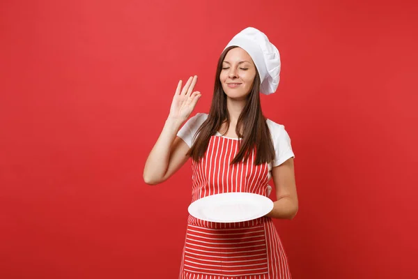 Háziasszony Női Szakács Szakács Vagy Baker Csíkos Kötény Fehér Póló — Stock Fotó