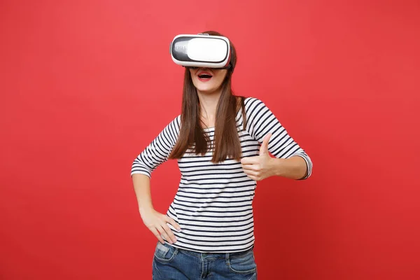 Portrait Young Woman Striped Clothes Virtual Reality Glasses Standing Showing — Stock Photo, Image